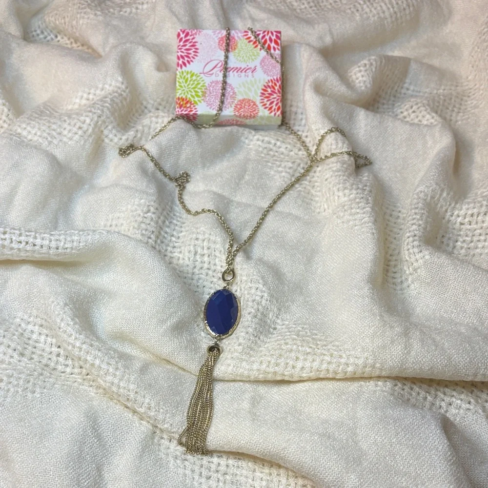 Premier Designs "CECE" Double-Sided Teal Blue Pendant Necklace NWT Gold Tone - Picture 6 of 12